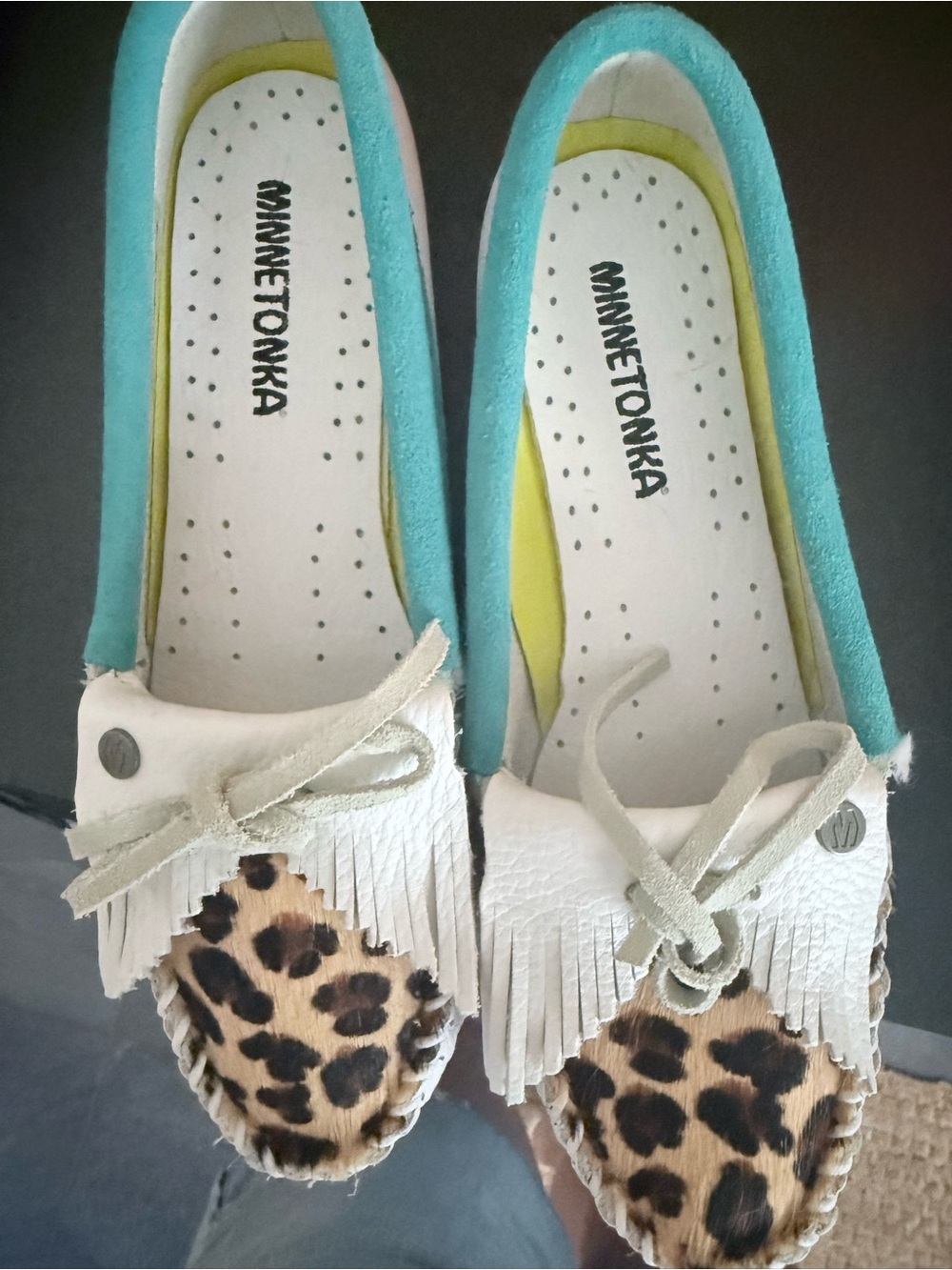 Minnetonka Kids White Moccasins with Leopard Toe and Teal Trim